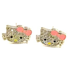 Hello Kitty with Rhinestones & Enameled Pink Bow Stud Earrings